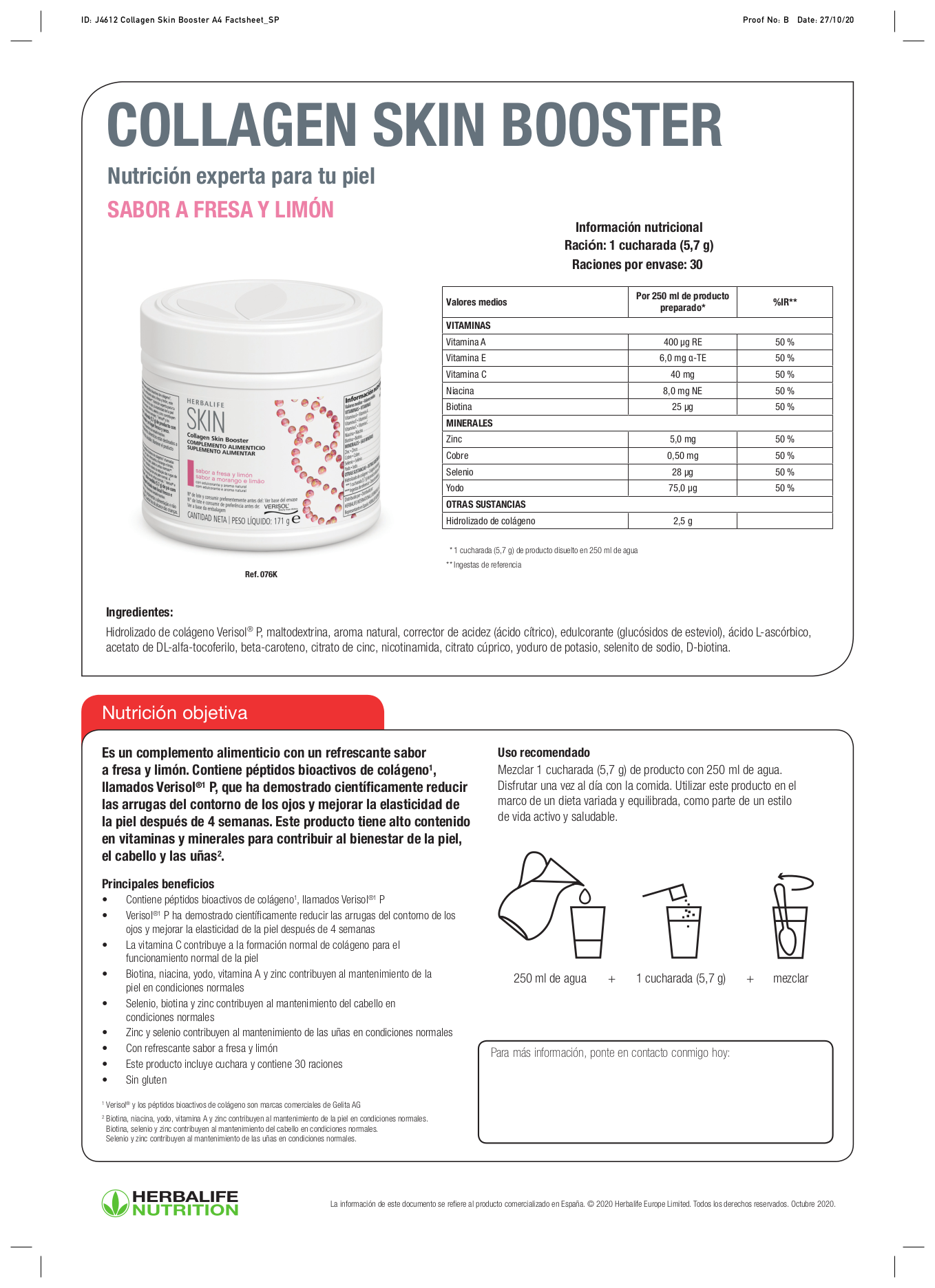 Colágeno - Collagen Skin Booster - Fresa y limón 171 g